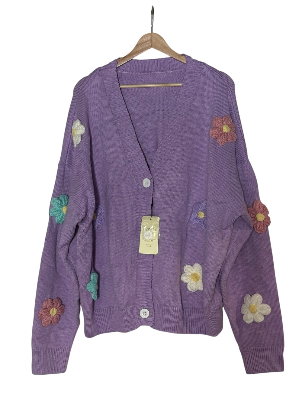 Ebossy NWT Crochet Flower 3-D Applique V Neck Button Knit Cardigan Size XXL Boho